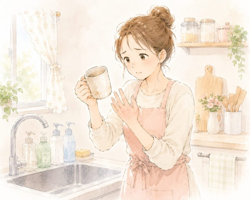 キッチンで茶渋や手荒れに悩む女性のイラスト