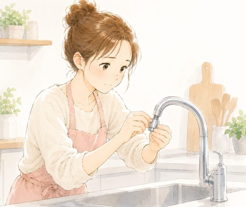 キッチンの蛇口にアワアワTK-7001を取り付けている女性のイラスト