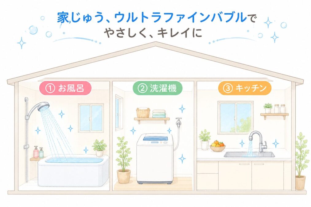 お風呂・洗濯機・キッチンの3か所でウルトラファインバブルを使う暮らしのイラスト