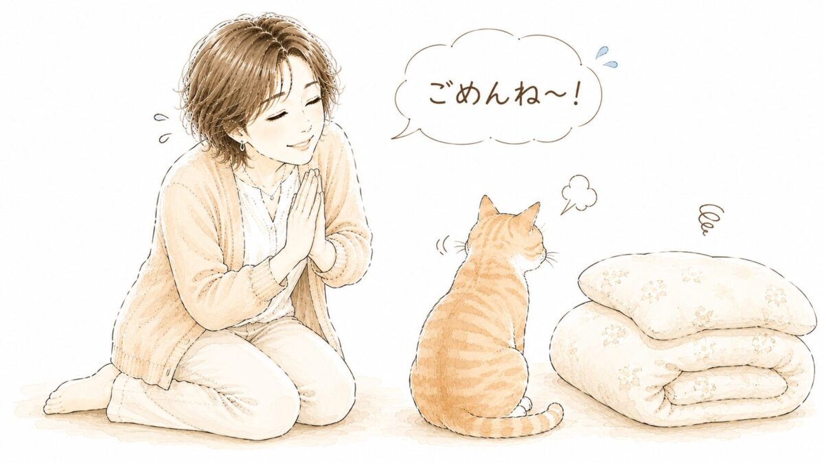 羽毛布団の前でそっぽを向くオレンジ猫に「ごめんね〜！」と手を合わせて謝る女性のイラスト