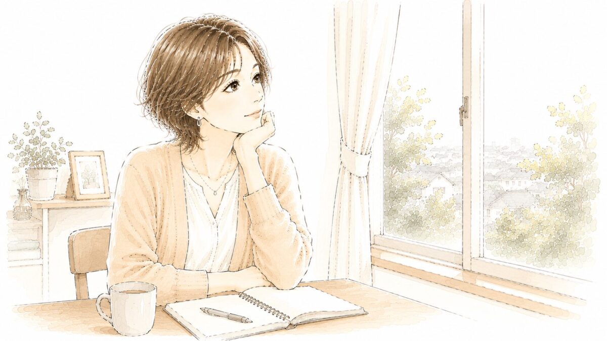 窓の外を眺めながら静かに考え込む女性のイラスト
