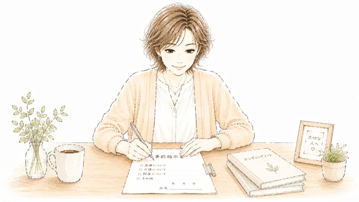 テーブルで事前指示書にペンで記入している女性のイラスト
