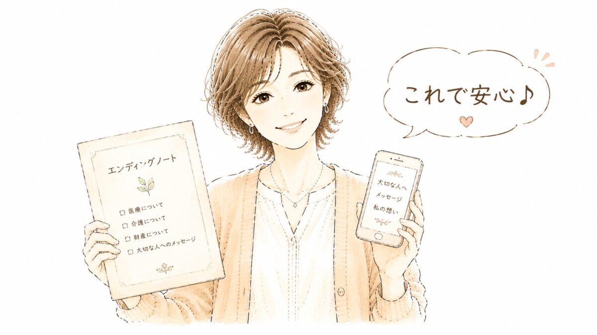 書類とスマホを両手に持ち「これで安心♪」と笑顔の女性のイラスト