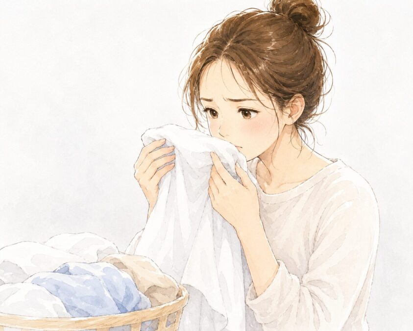 洗濯済みの衣類を手に持ち匂いを嗅いでいる