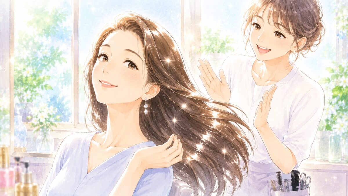 湯シャン5年後の変化｜抜け毛が減り根元からコシのある髪を手で触れて喜ぶ女性