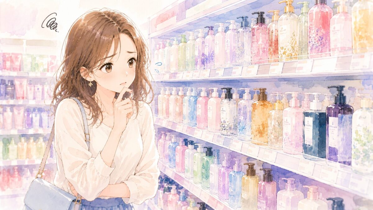 シャンプー選びに迷走する女性｜アミノ酸・ノンシリコンを試しても解決しない悩み