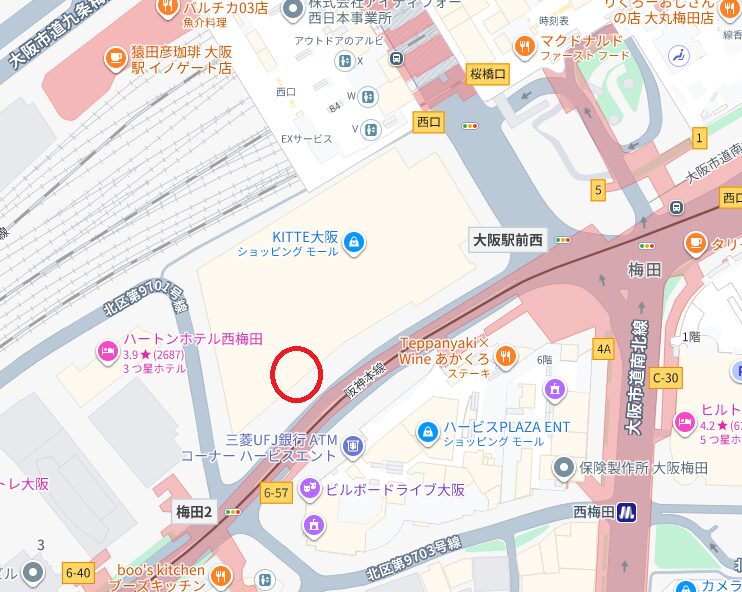 JPタワー大阪駐輪場の入口の場所を示した地図
