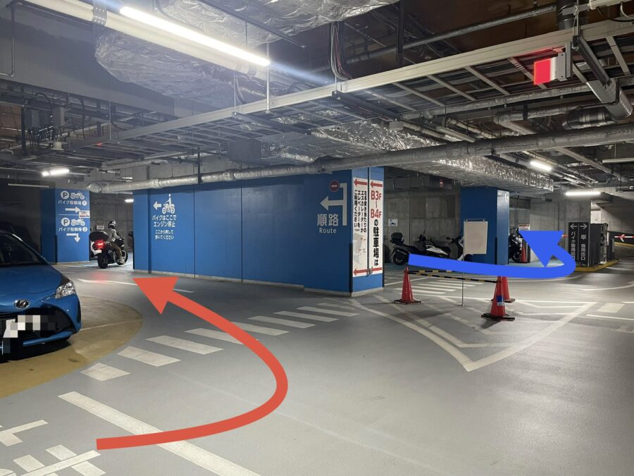 地下2階 バイク駐輪場①と②への行き方