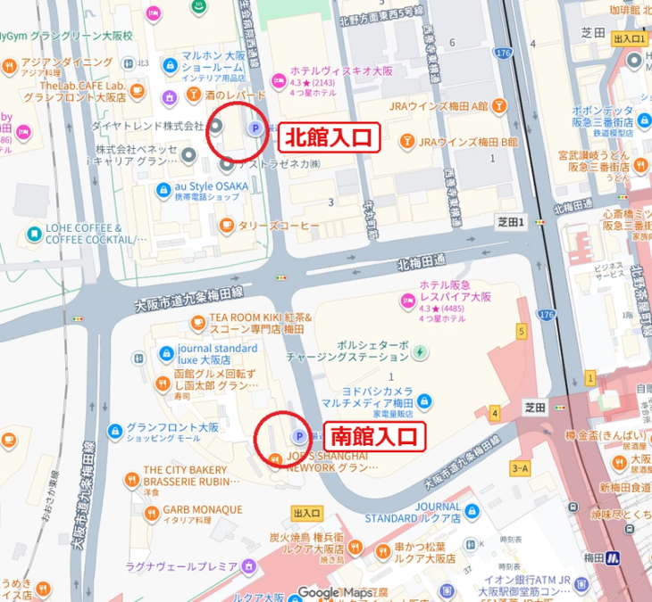 グランフロント大阪 バイク駐輪場の入口の地図（北館入口・南館入口）