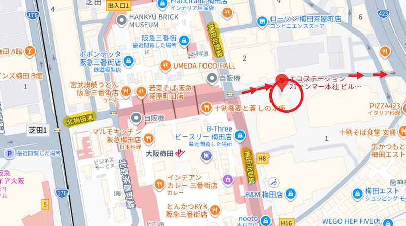 茶屋町 バイク駐輪場の場所（北梅田通は東向きの一方通行）