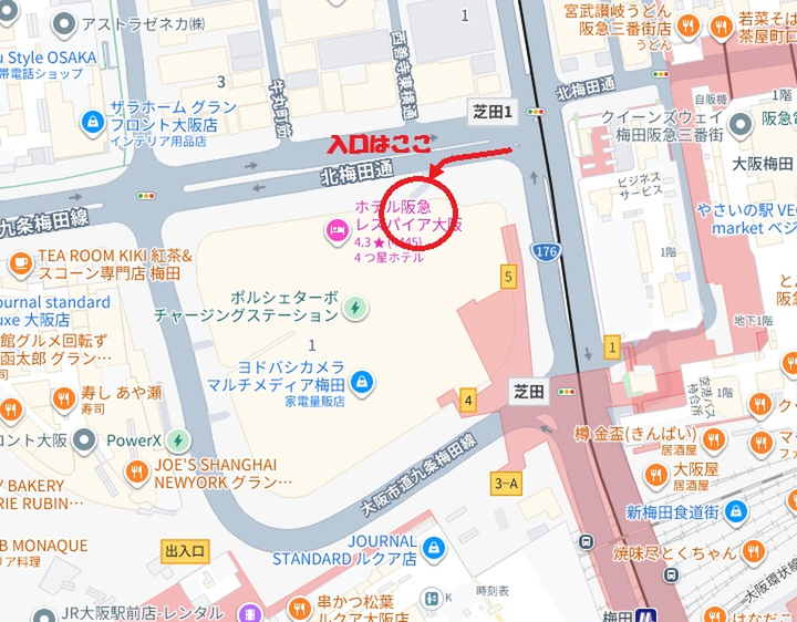ヨドバシ梅田 バイク駐輪場の入口の地図（北梅田通沿い）